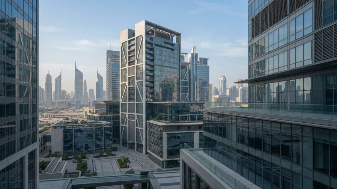 Illustration: Modern high-rise commercial towers and wealth management offices in the Dubai International Financial Centre under soft morning sunlight