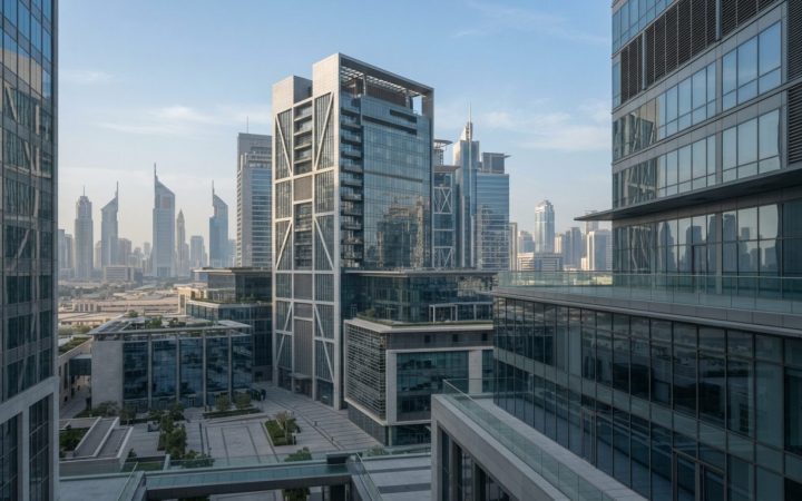 Illustration: Modern high-rise commercial towers and wealth management offices in the Dubai International Financial Centre under soft morning sunlight