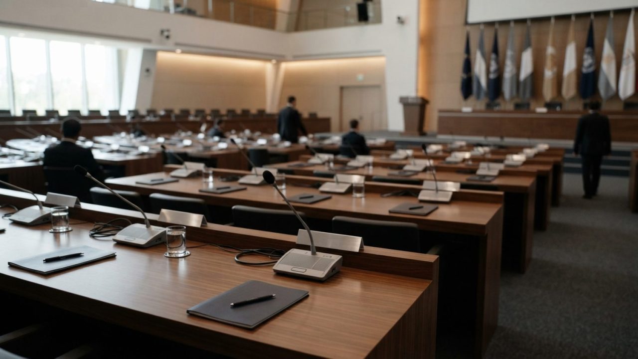 Illustration: A modern conference hall interior with empty polished wooden desks and microphones set up for an international parliamentary or economic