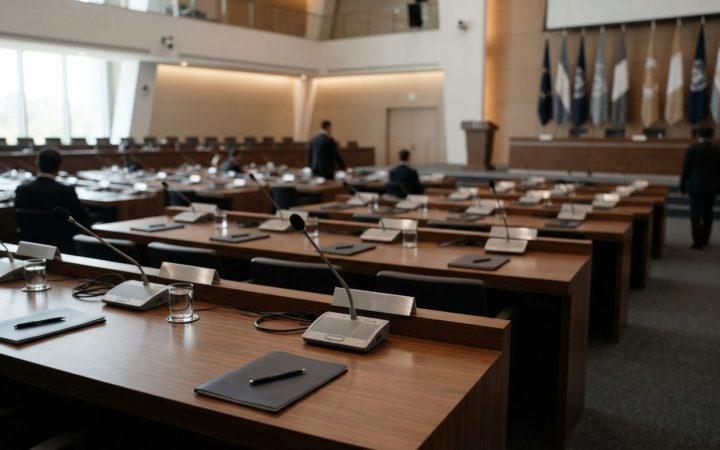 Illustration: A modern conference hall interior with empty polished wooden desks and microphones set up for an international parliamentary or economic