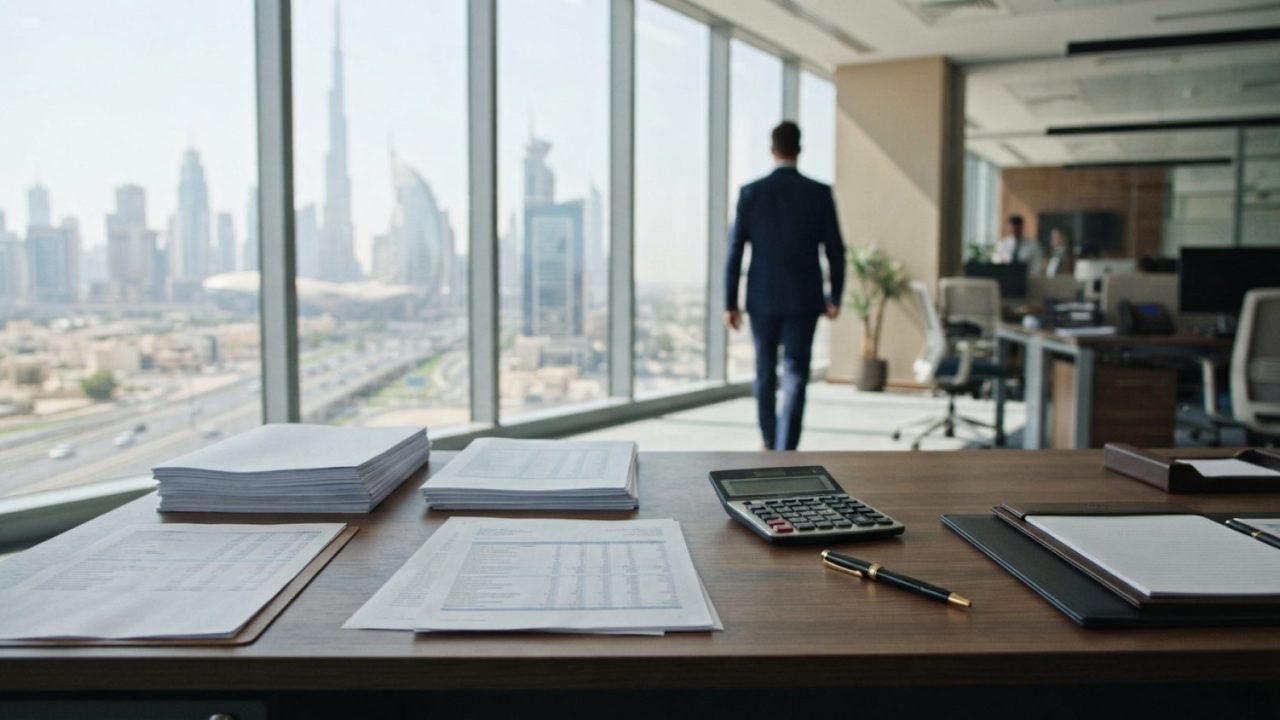 Illustration: A modern corporate office interior in Dubai with business documents, a calculator, and financial balance sheets neatly arranged on a cle