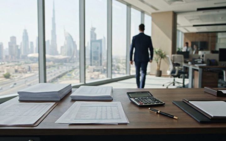 Illustration: A modern corporate office interior in Dubai with business documents, a calculator, and financial balance sheets neatly arranged on a cle