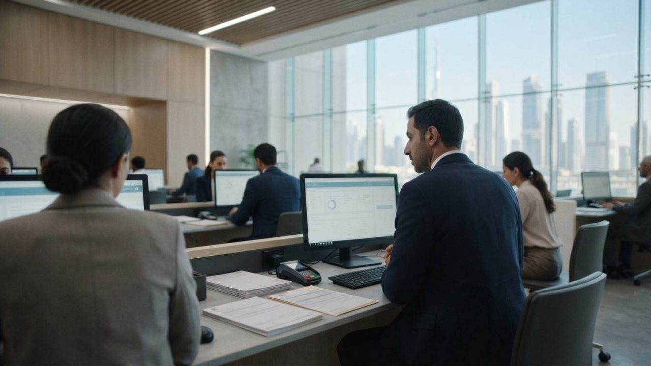 Illustration: A modern government service office in Dubai with digital terminals, clean minimalist interior architecture, tax documents on desks, and