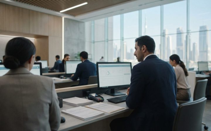 Illustration: A modern government service office in Dubai with digital terminals, clean minimalist interior architecture, tax documents on desks, and