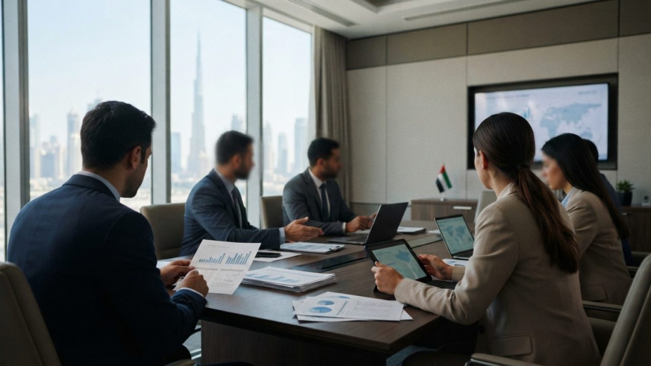 Illustration: A modern corporate conference room in Dubai with business professionals gathered around a discussion table reviewing financial documents