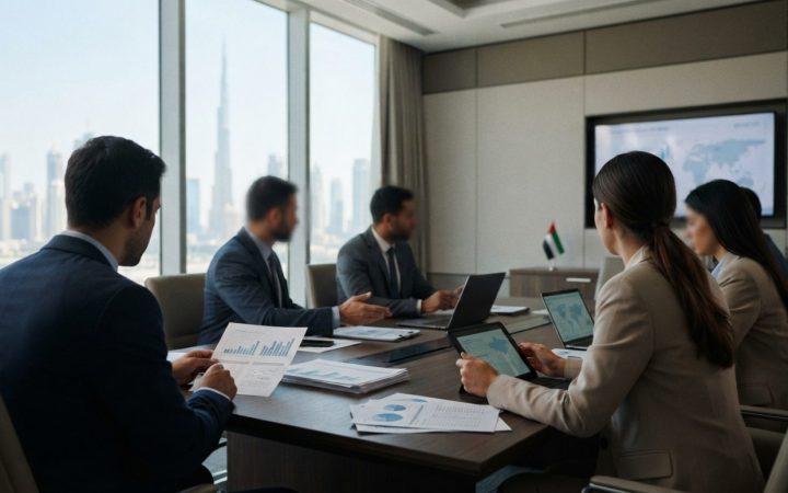 Illustration: A modern corporate conference room in Dubai with business professionals gathered around a discussion table reviewing financial documents