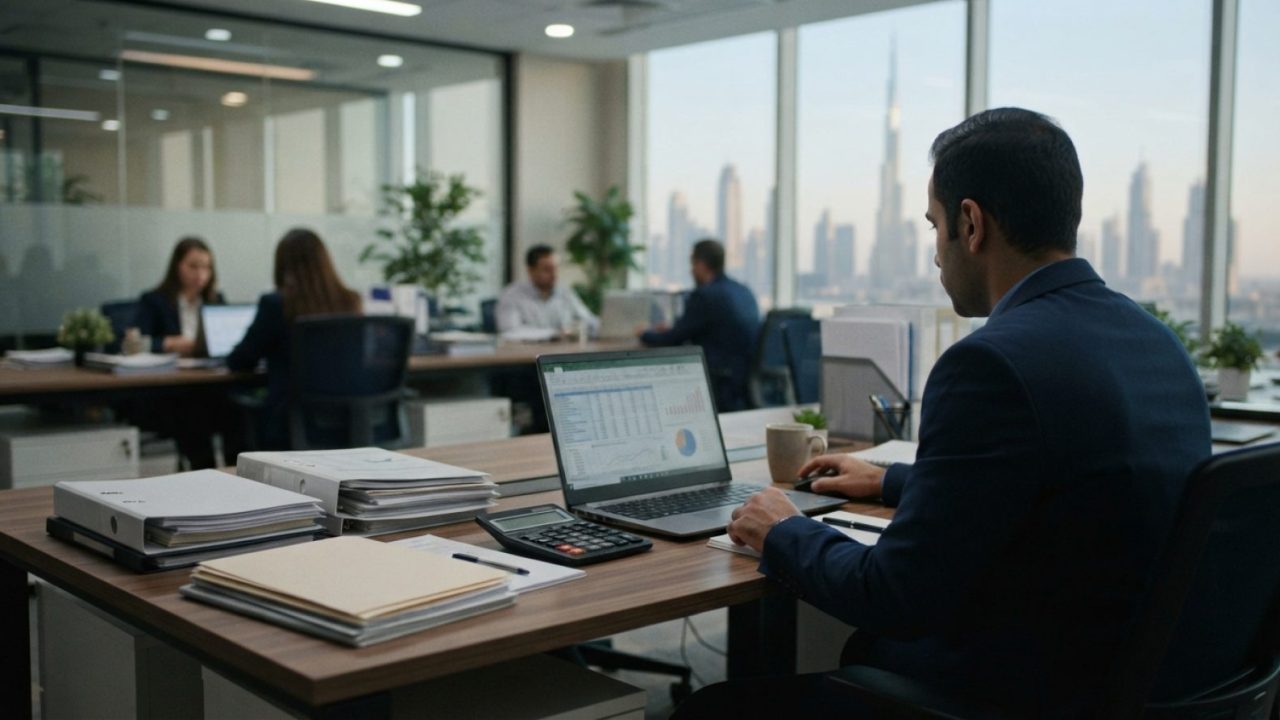 Illustration: A modern corporate finance and accounting office setting in Dubai with business documents, spreadsheets on computer monitors, and a calc