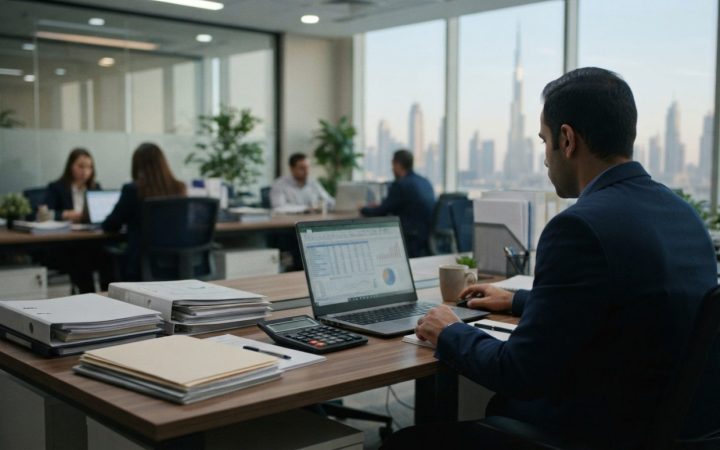 插图：迪拜现代企业财务与会计办公环境，包含商业文件、电脑显示器上的电子表格及计算器