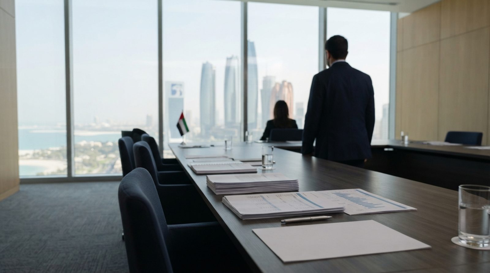 插图：阿布扎比现代企业办公室内景，流线型会议桌上整齐摆放着税务和财务文件，带有全景