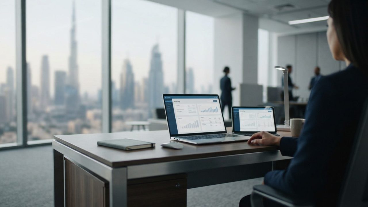 Illustration: A modern corporate office desk in Dubai with a tablet and laptop screen displaying digital invoicing software interfaces, with blurred c