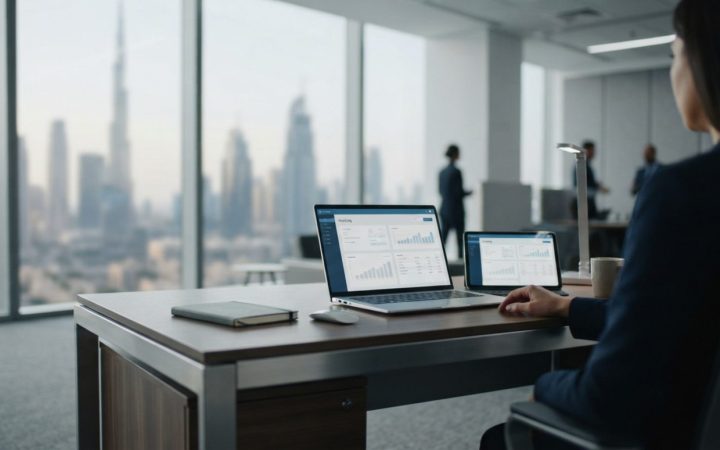 Illustration: A modern corporate office desk in Dubai with a tablet and laptop screen displaying digital invoicing software interfaces, with blurred c