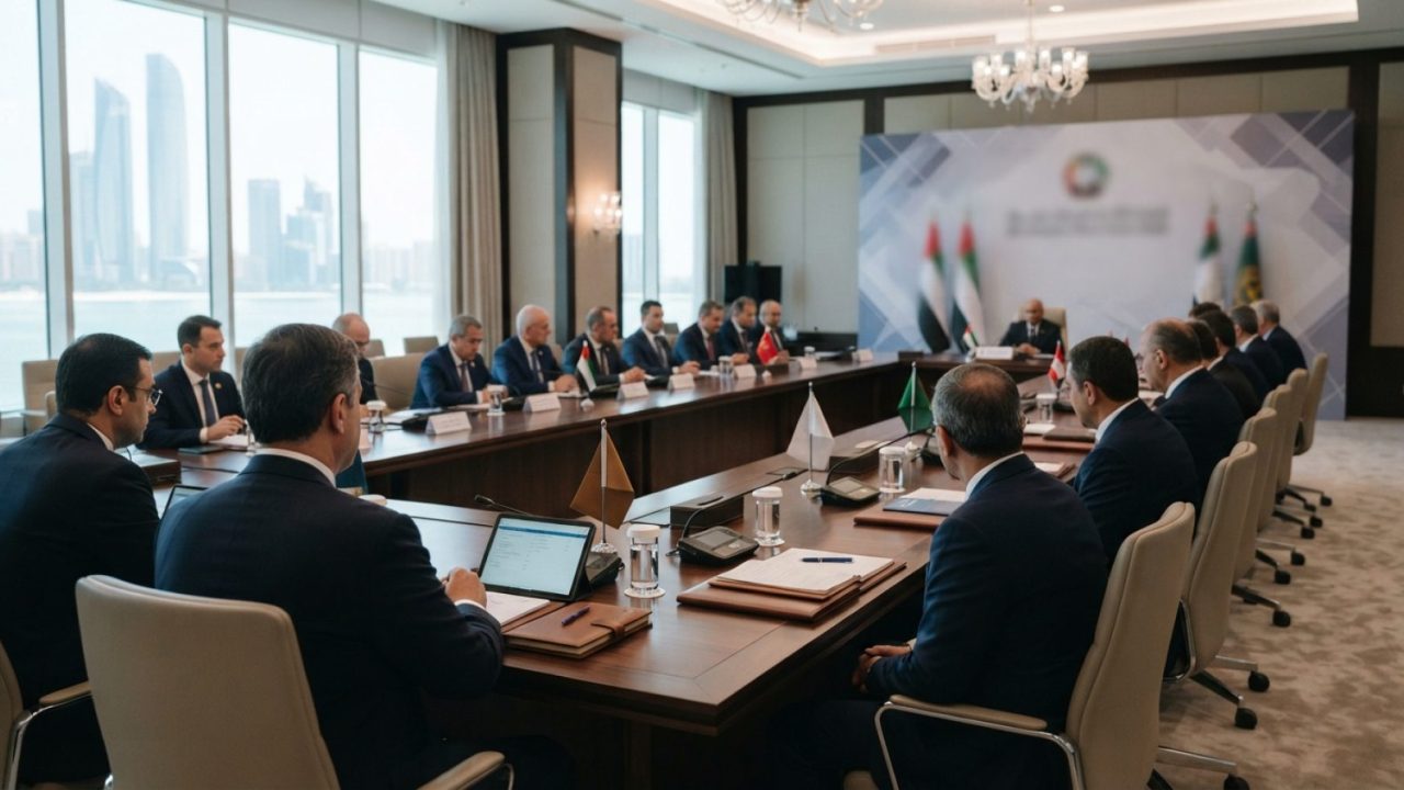 Illustration: A modern formal international conference room with official delegations seated around a large polished wooden table, notebooks and digit
