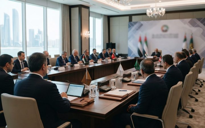 Illustration: A modern formal international conference room with official delegations seated around a large polished wooden table, notebooks and digit