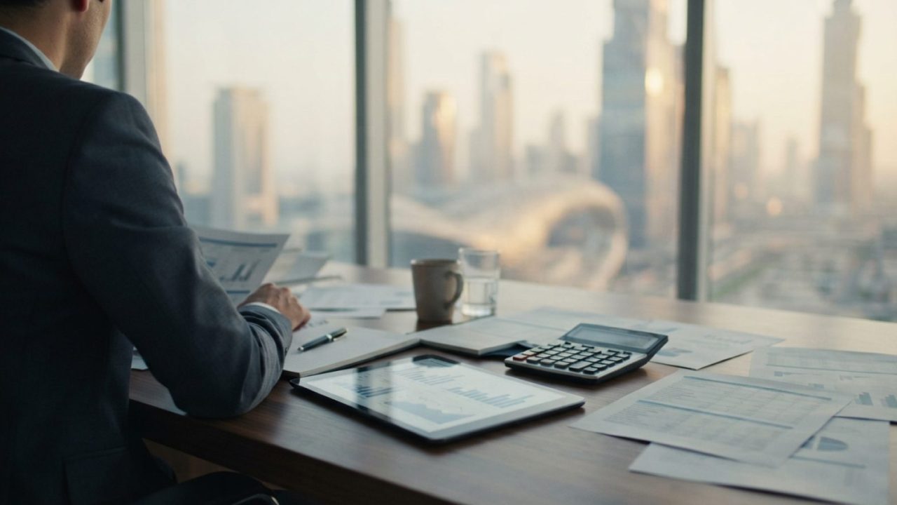 Illustration: A modern corporate office desk in Dubai with financial reports, a digital tablet displaying tax calculation graphs, and a calculator, wi
