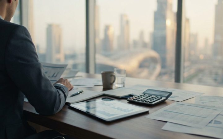 Illustration: A modern corporate office desk in Dubai with financial reports, a digital tablet displaying tax calculation graphs, and a calculator, wi
