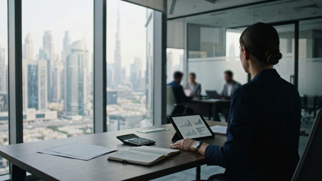 Illustration: A modern corporate human resources office in Dubai with business documents, a calculator, and a digital tablet on a wooden desk overlook