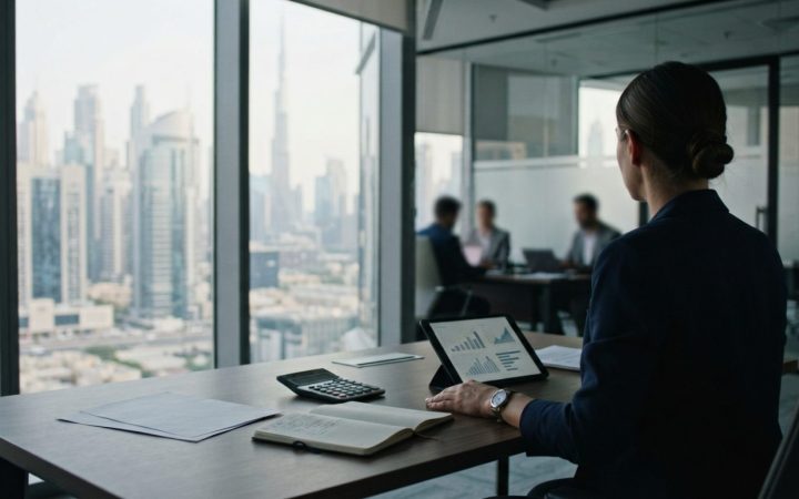 Illustration: A modern corporate human resources office in Dubai with business documents, a calculator, and a digital tablet on a wooden desk overlook