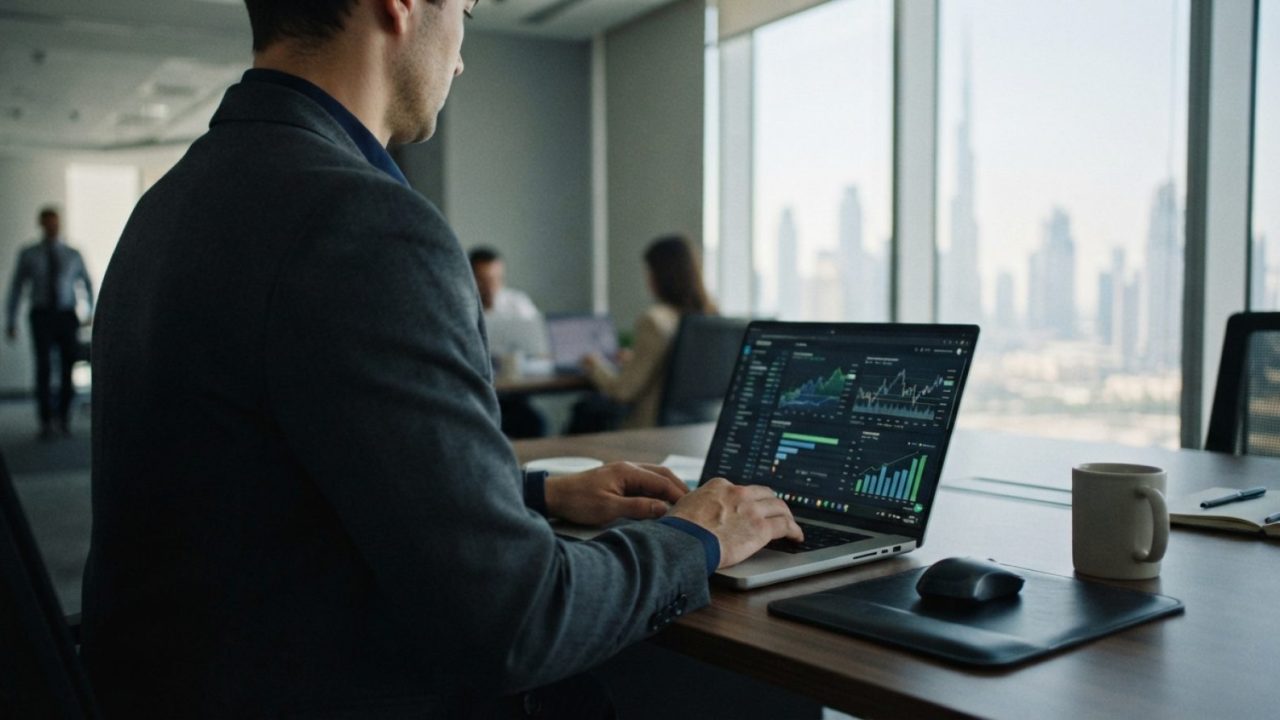 Illustration: A close-up shot of a corporate office desk with a professional working on a laptop showing digital banking interfaces against a Dubai bu