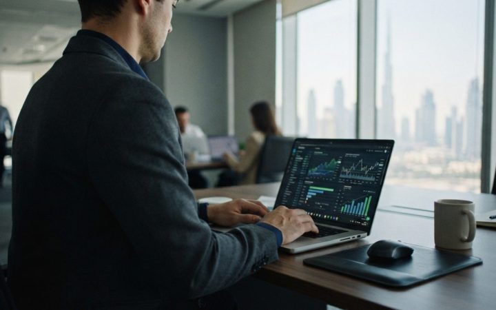 Illustration: A close-up shot of a corporate office desk with a professional working on a laptop showing digital banking interfaces against a Dubai bu