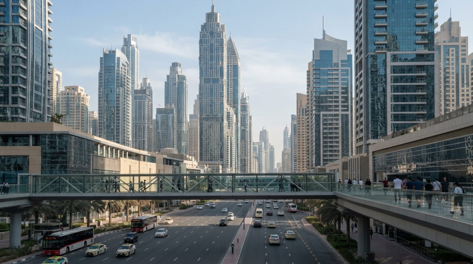 Illustration: Editorial news photograph of the modern financial district in Dubai showing futuristic glass skyscrapers, elevated walkways, and digital