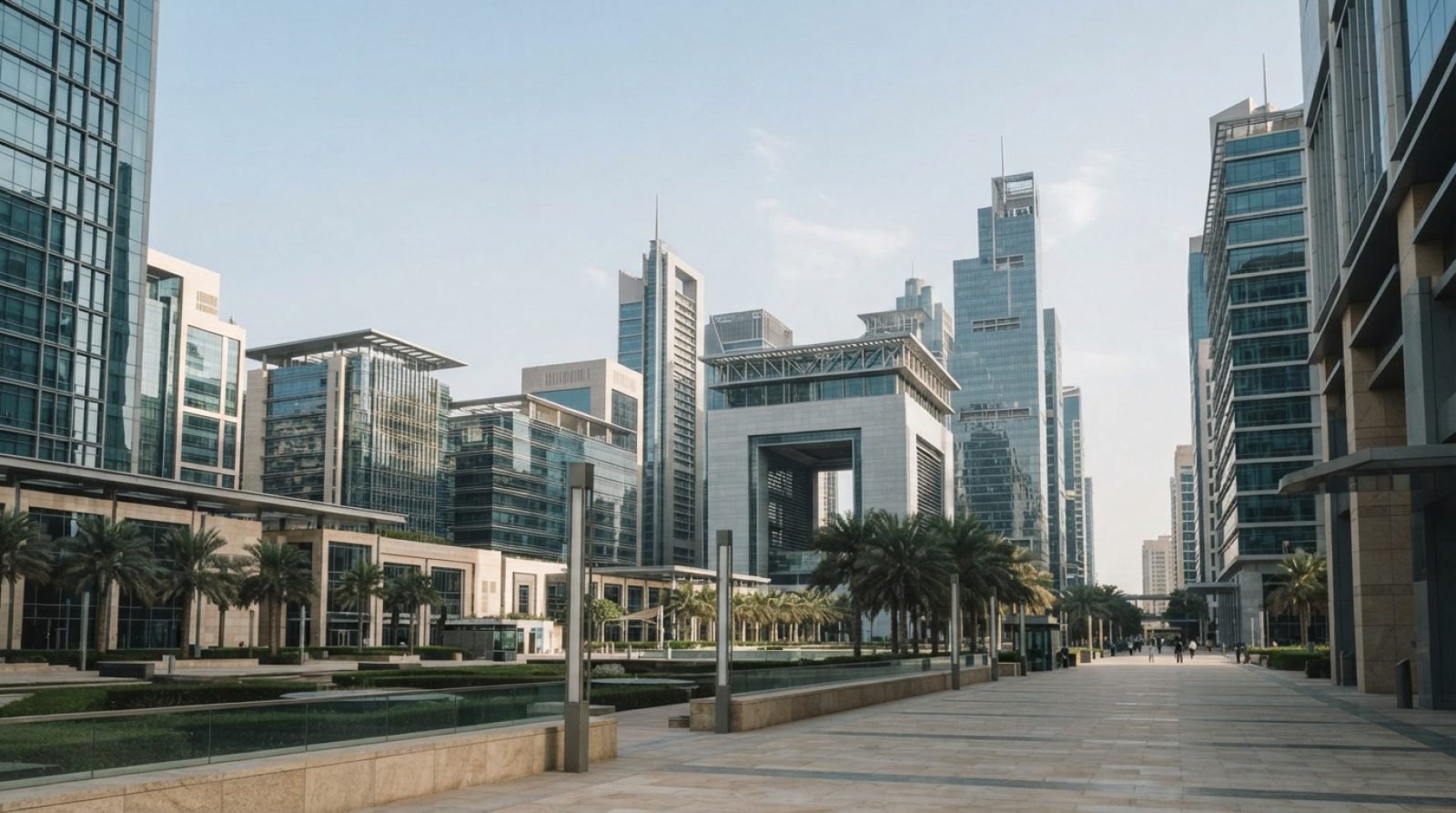 Illustration: Modern financial district in Dubai featuring high-rise corporate office towers under clear daylight, representing financial regulation a