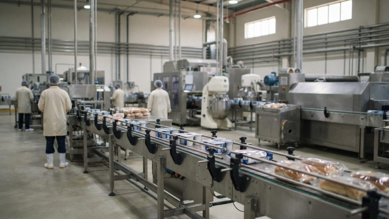 Illustration: Editorial photograph showing modern industrial food manufacturing equipment in a clean UAE dairy and bakery processing facility, with st