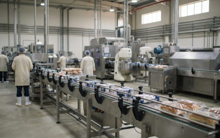 Illustration: Editorial photograph showing modern industrial food manufacturing equipment in a clean UAE dairy and bakery processing facility, with st