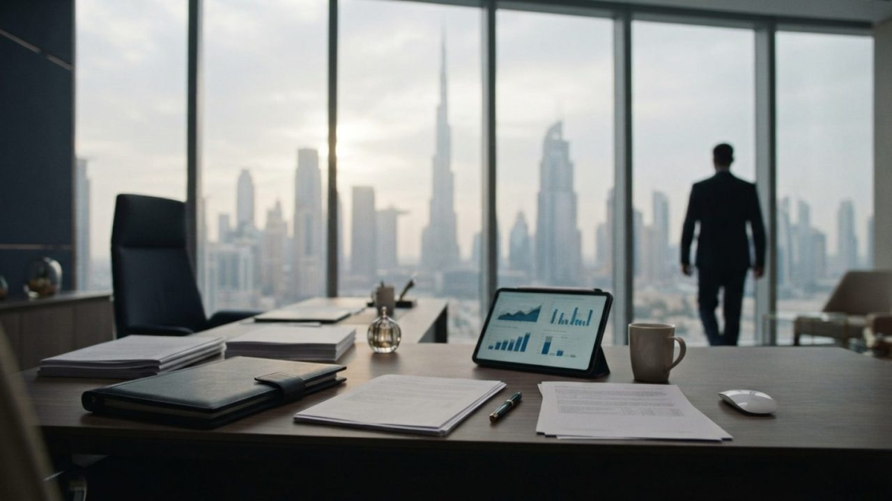 Illustration: An editorial photograph of a modern corporate desk in Dubai featuring financial documents, a digital tablet with business charts, and a