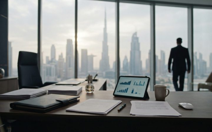 Illustration: An editorial photograph of a modern corporate desk in Dubai featuring financial documents, a digital tablet with business charts, and a