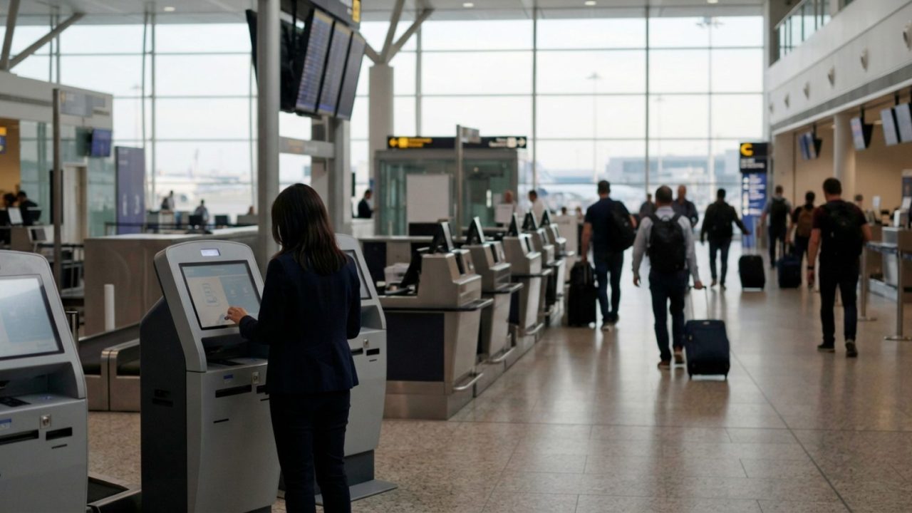 Illustration: An international airport terminal departure hall with modern self-service tax refund digital kiosks and travelers walking past electroni