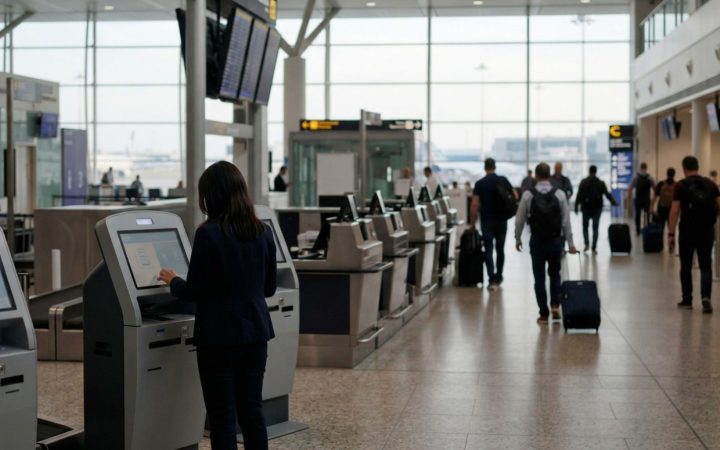 Illustration: An international airport terminal departure hall with modern self-service tax refund digital kiosks and travelers walking past electroni