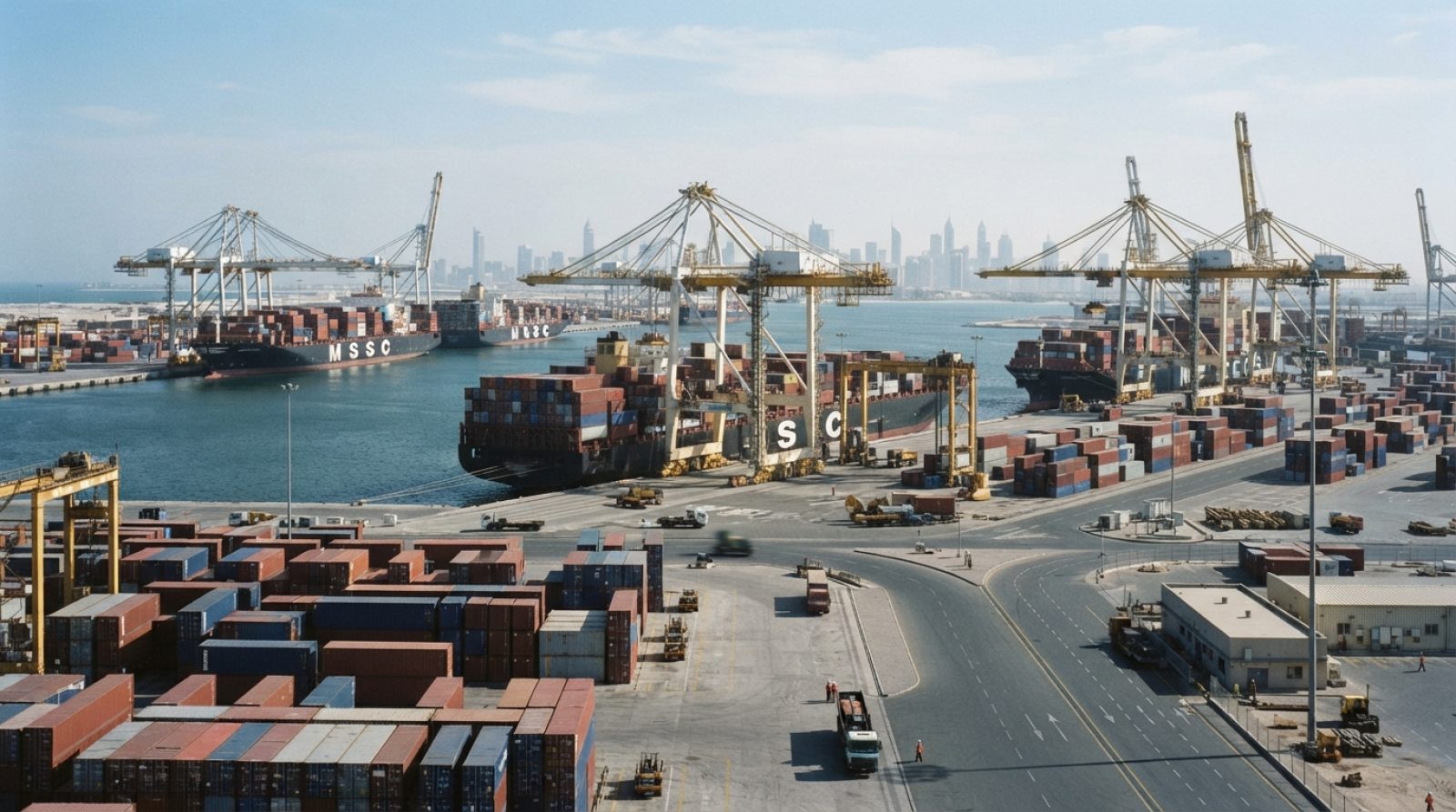 Illustration: A wide editorial photograph of a major modern container port terminal in the United Arab Emirates with massive gantry cranes handling co
