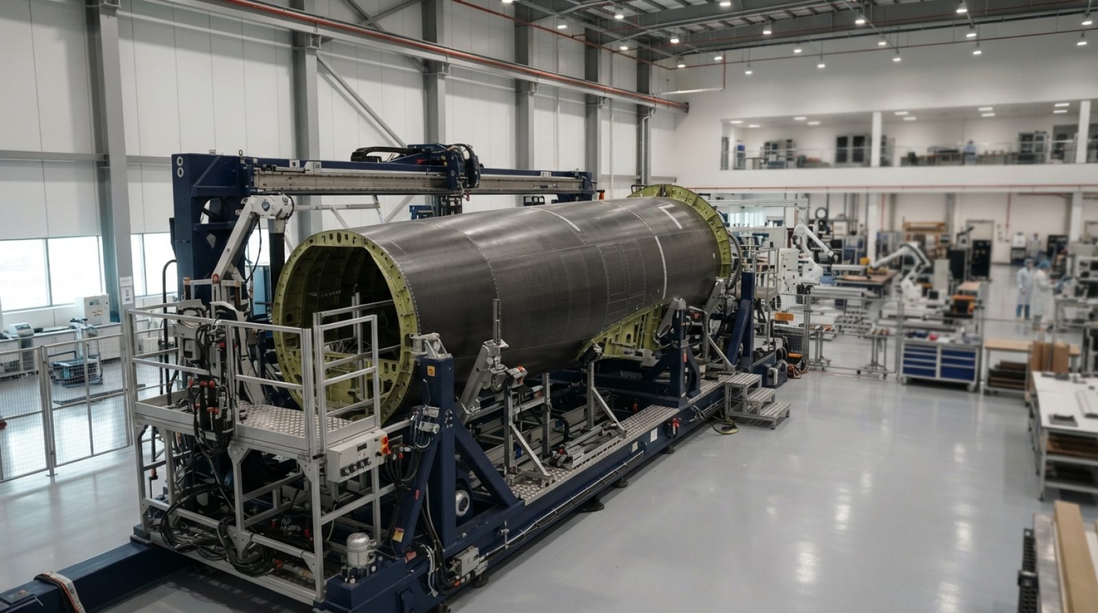 Illustration: A modern high-tech aerospace manufacturing cleanroom facility featuring carbon composite aircraft components resting on precision assemb