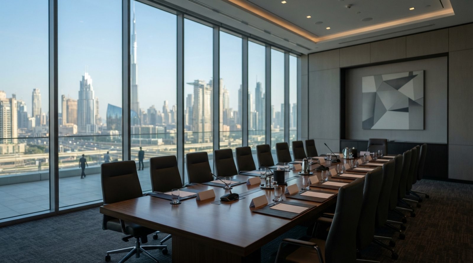 Illustration: A modern boardroom inside a sleek high-rise building in Dubai overlooking the city skyline, featuring an empty polished wooden conferenc