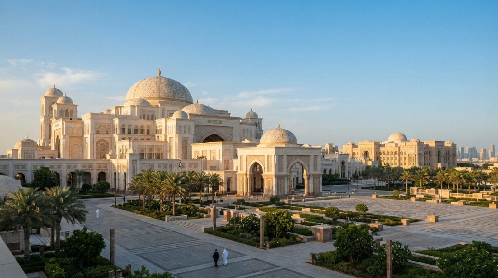 Illustration: An architectural view of the exterior of Qasr Al Watan and government buildings in Abu Dhabi bathed in golden afternoon sunlight, showin