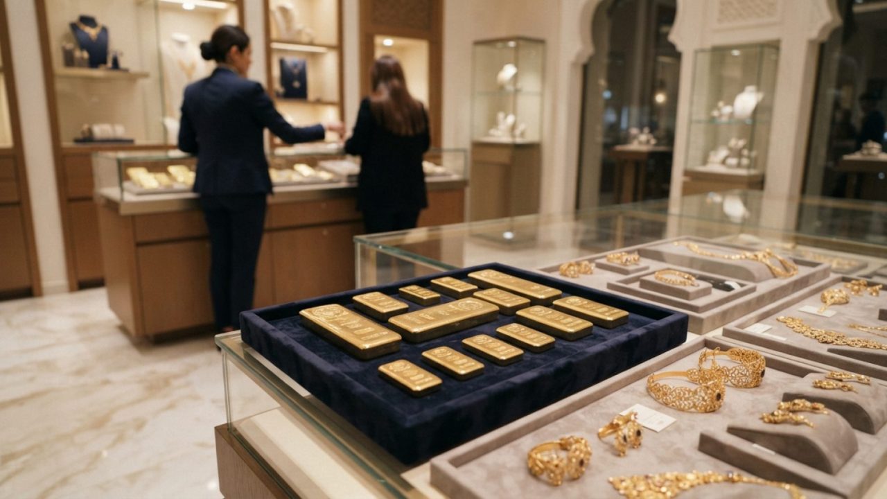 Illustration: Editorial documentary photograph of polished gold bullion bars and 18-karat jewellery pieces displayed on velvet presentation trays insi
