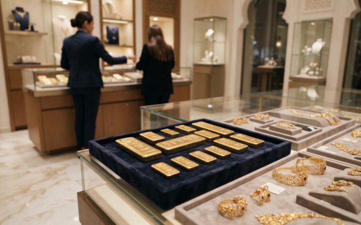 Illustration: Editorial documentary photograph of polished gold bullion bars and 18-karat jewellery pieces displayed on velvet presentation trays insi