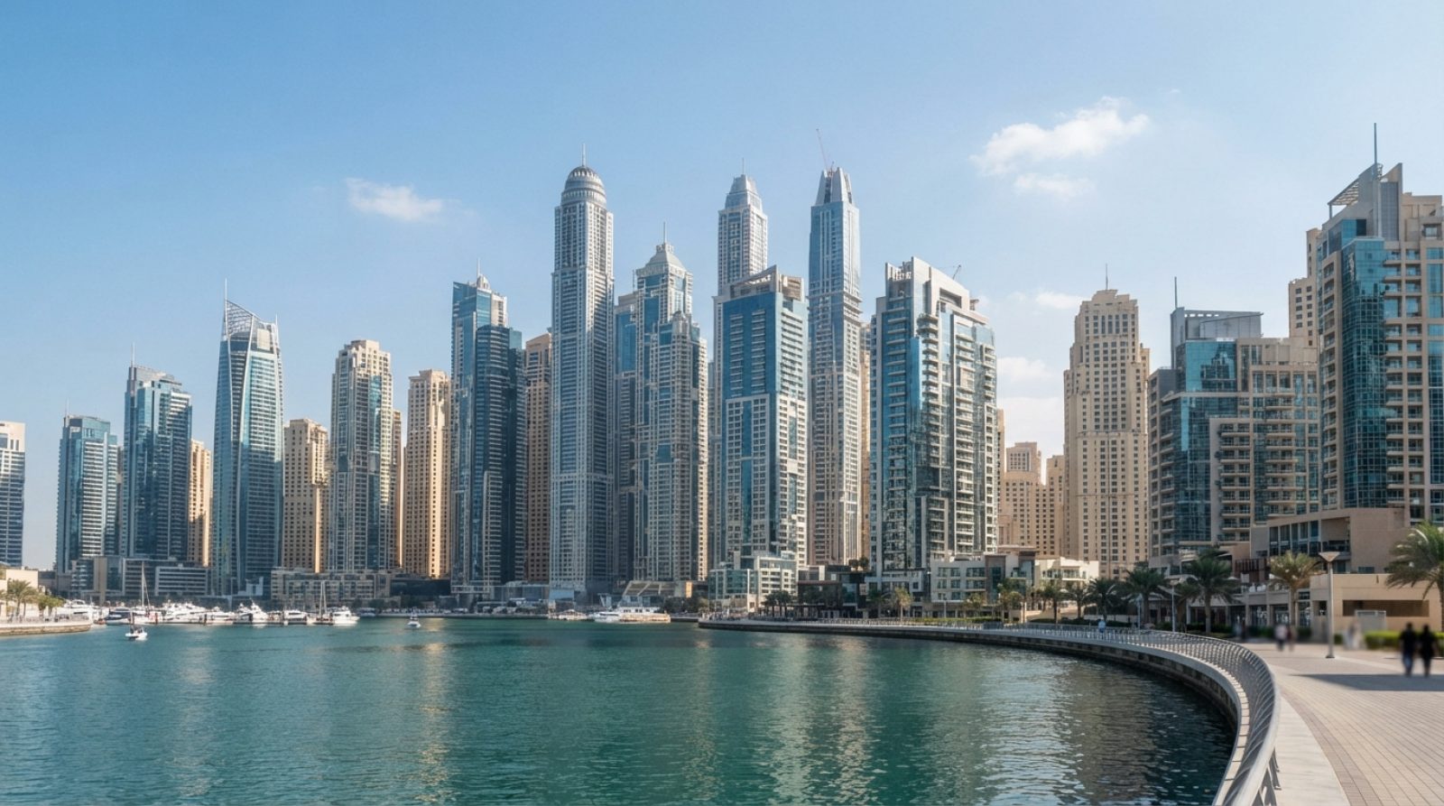 Illustration: Editorial photograph of modern luxury high-rise residential towers and commercial architecture along the waterfront in Dubai under brigh