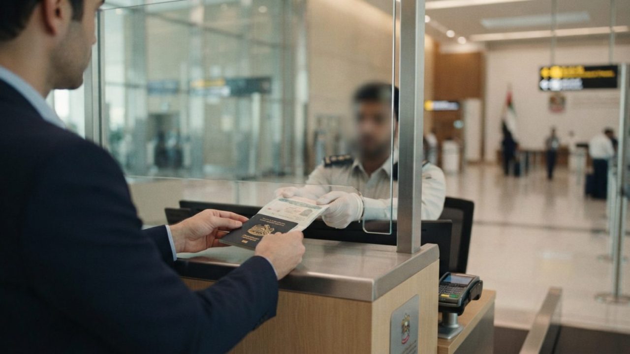 Illustration: Editorial photograph of traveler hands presenting passport and visa documentation at a sleek modern airport immigration counter in the U