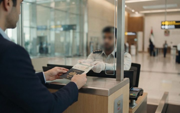 Illustration: Editorial photograph of traveler hands presenting passport and visa documentation at a sleek modern airport immigration counter in the U