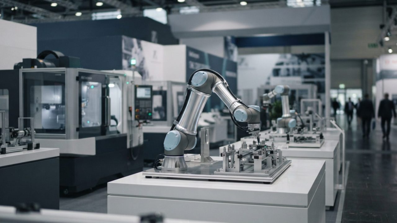 Illustration: Editorial photograph inside an advanced industrial exhibition hall featuring robotic automation arms and high-tech manufacturing equipme