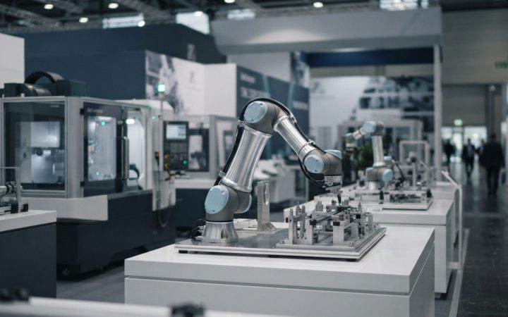 Illustration: Editorial photograph inside an advanced industrial exhibition hall featuring robotic automation arms and high-tech manufacturing equipme