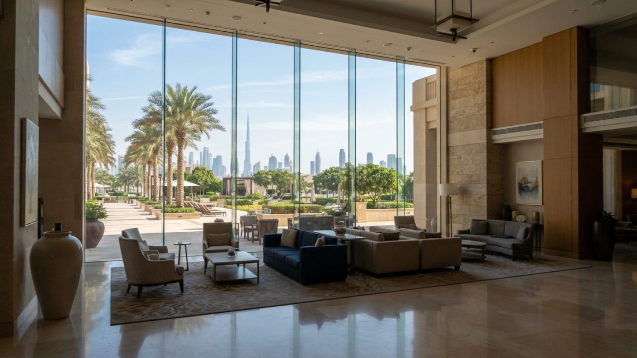 Illustration: A modern luxury hotel lobby in the United Arab Emirates with tall glass windows overlooking a palm-lined sunlit terrace, warm interior l