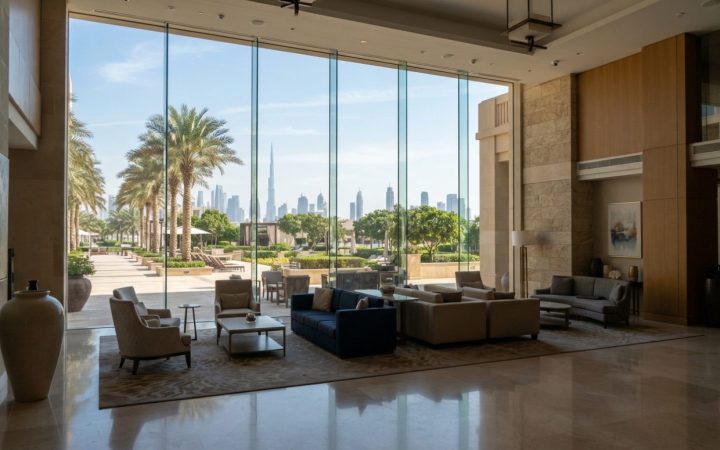 Illustration: A modern luxury hotel lobby in the United Arab Emirates with tall glass windows overlooking a palm-lined sunlit terrace, warm interior l