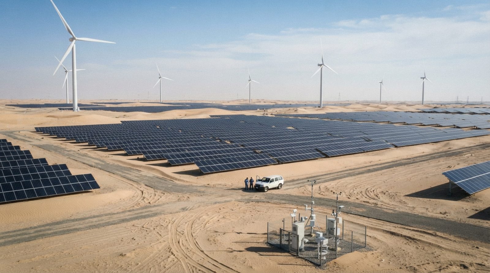 Illustration: Solar panel arrays and wind turbines installed in a desert industrial landscape under bright sunlight, viewed at a wide angle with clean
