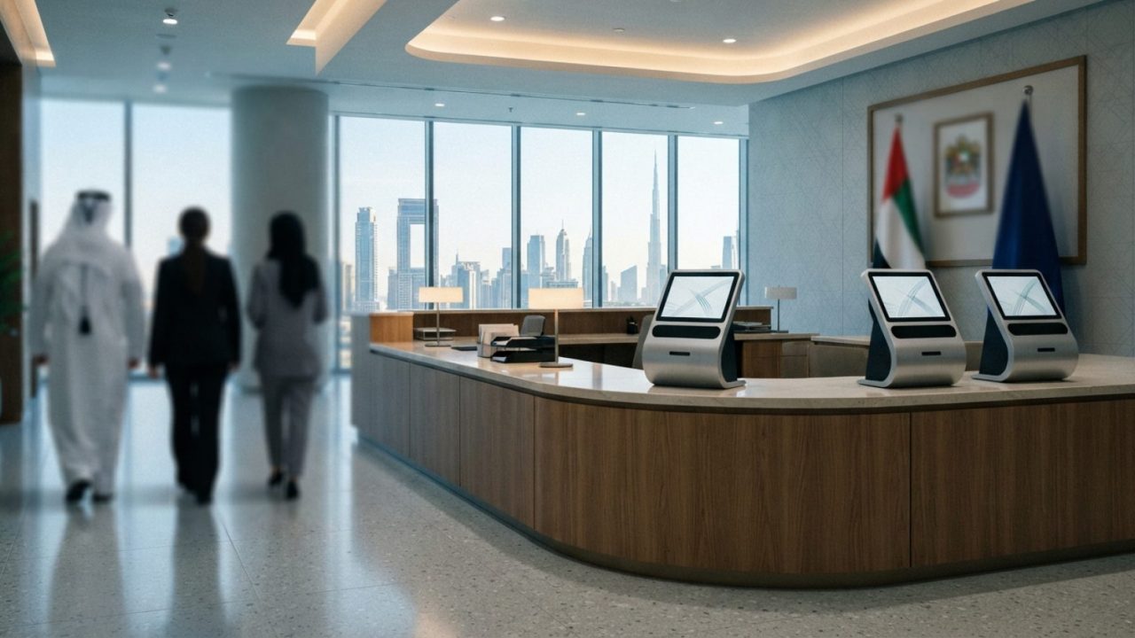Illustration: A modern government service counter and digital registration terminal in Dubai, UAE, with warm ambient lighting and sleek architectural