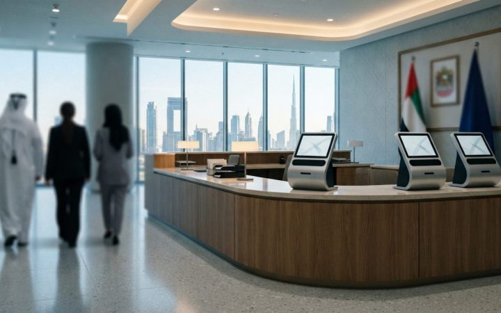 Illustration: A modern government service counter and digital registration terminal in Dubai, UAE, with warm ambient lighting and sleek architectural