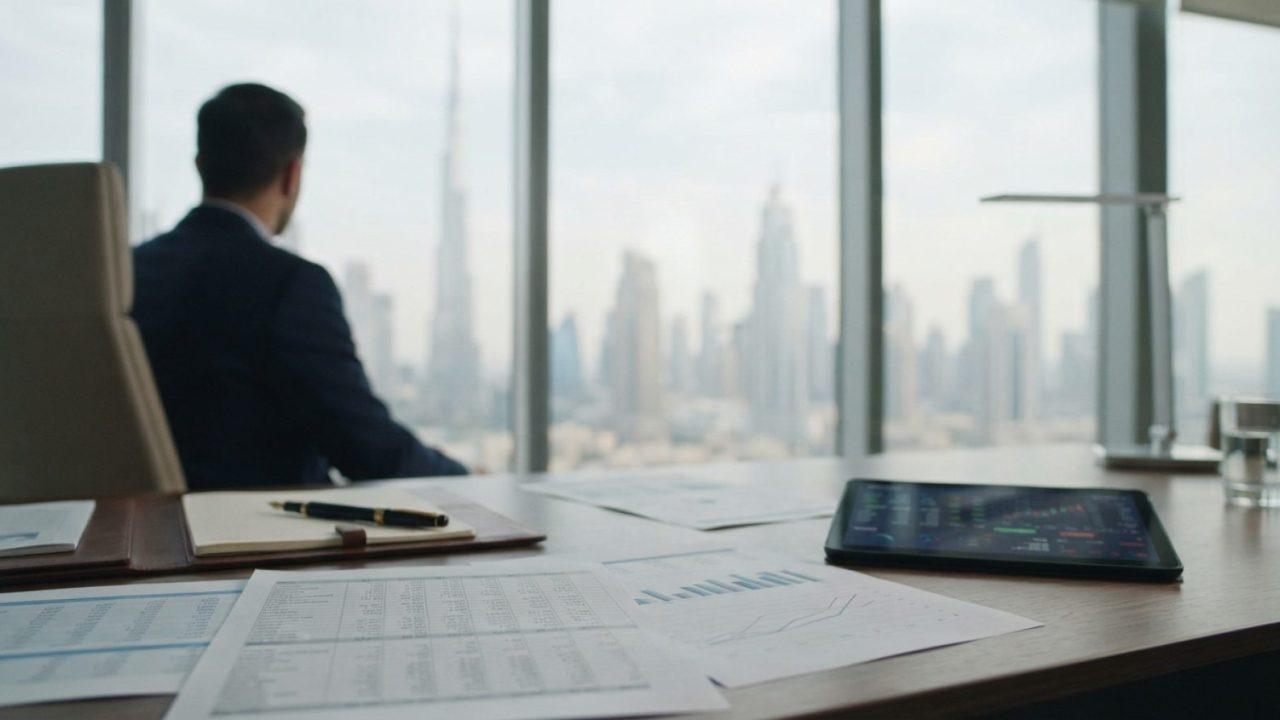 Illustration: Close-up of an executive desk in a modern Dubai office with tax calculation documents, an electronic tablet showing financial figures, a