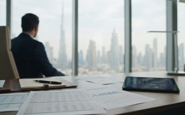 Illustration: Close-up of an executive desk in a modern Dubai office with tax calculation documents, an electronic tablet showing financial figures, a