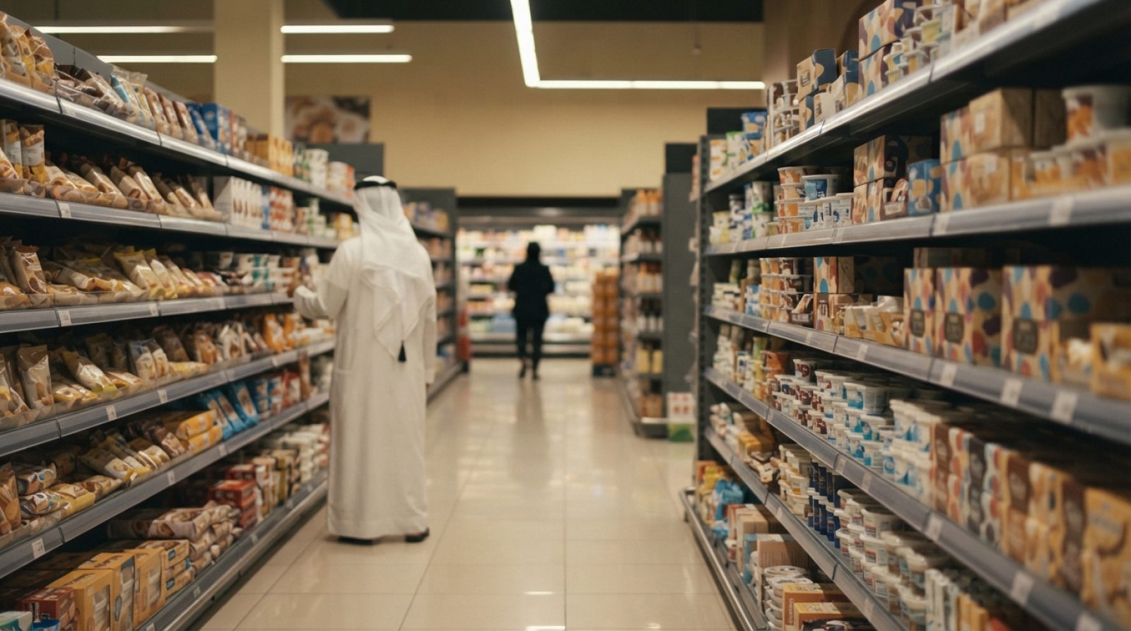 Illustration: A modern supermarket aisle in the United Arab Emirates with neatly organized shelves displaying packaged bakery, dairy, and snack goods